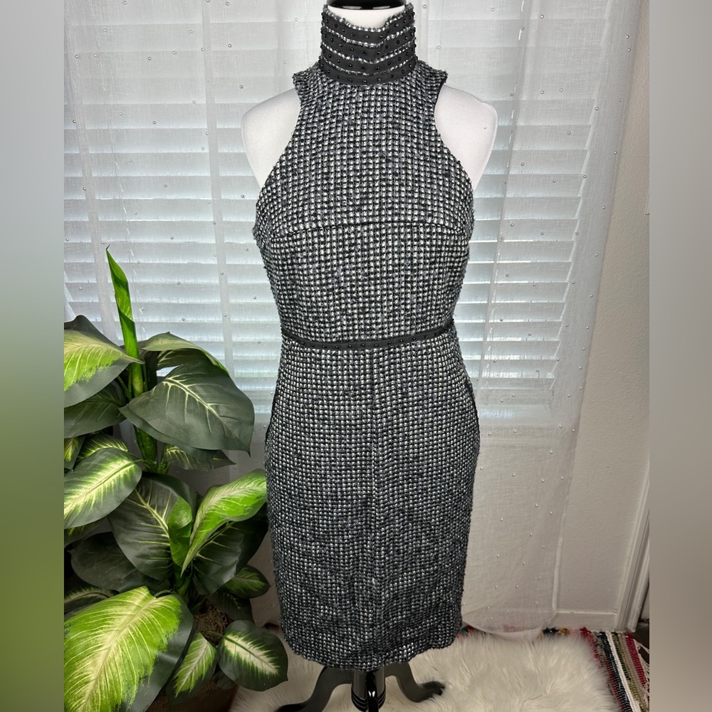 Karl Lagerfeld Impulse Black Tweed High Collar Sheath Dress Classic Size 2